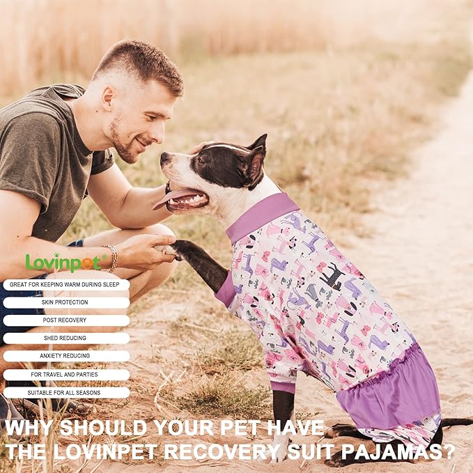 LovinPet Long Sleeve Onesie for Large Dogs, High Collar Cotton Dog Shirt, Anti-Shedding, Lightweight Stretchy Knit, Stop Shedding for Dogs, Pink Puppy Print, Shirt for Under Dog Dresses, Pet PJ's, M