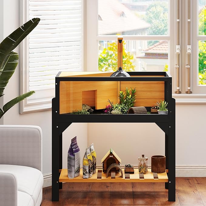 PawHut Tortoise Habitat with Storage Shelf, Wooden Tortoise Enclosure with Clear Windows, Lamp Holder, Openable Top, Built-in Tray, Reptile Cage for Indoor Outdoor Use, Yellow