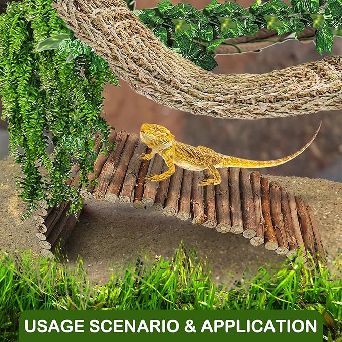 kathson Reptile Hideout Wooden Bridge Bearded Dragon Hammock Reptiles Jungle Climbing Vines Flexible Leaves Bearded Dragon Accessories for Lizard Gecko Chameleon Snake Hamster(5 Pcs)