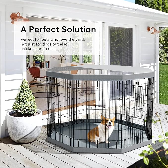 PJYuCien Dog Playpen, 8 Panels 42”H Dog Playpen Indoor with Grey Bottom Pad and Top Cover, Metal Foldable Dog Pen for Indoor Use, Better for Small Medium Animals, Grey