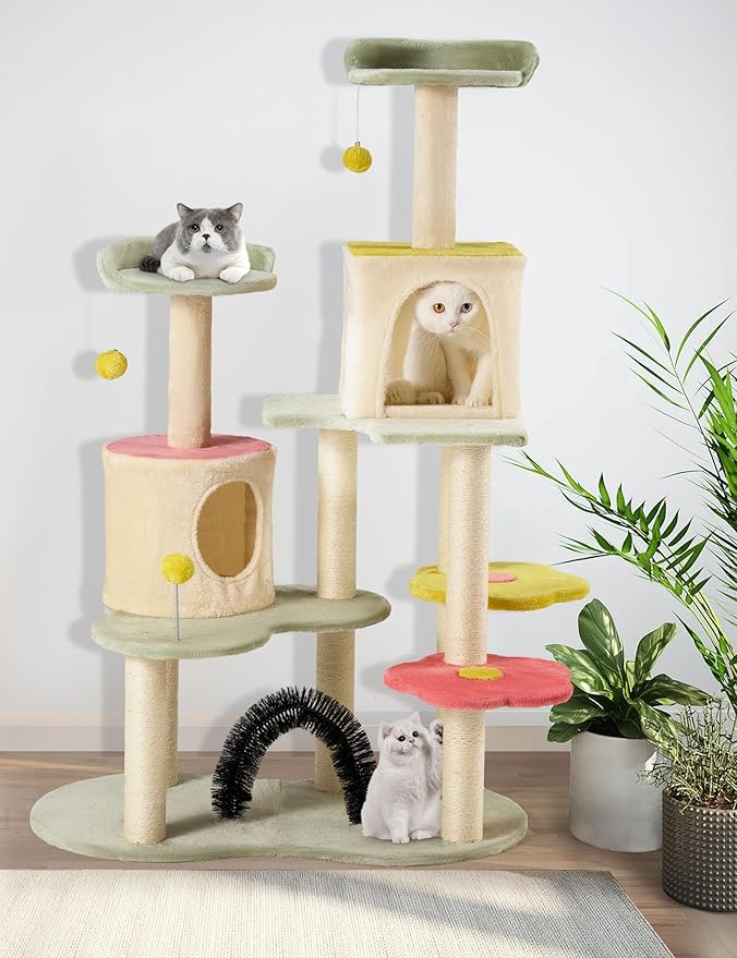 Flower Cat Tree Tower, 59 Inches Cute Cat Tree for Indoor Cats w/Sisal Covered Cat Scratching Posts Stand Cozy Condo, Sturdy Padded Top Perch and Bell Ball Colorful Cat Tree House for Indoor Cats