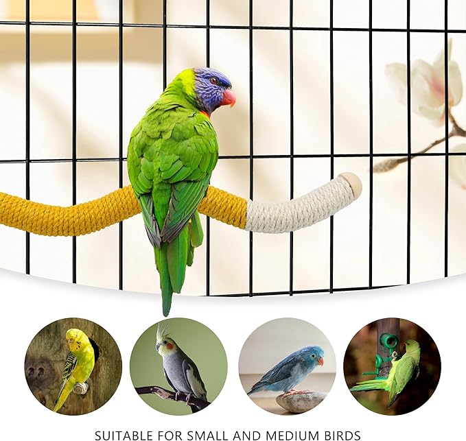 11 x 0.9 inch Bird Perch Parrot Stand Cage Accessories Natural Wooden Stick Paw Grinding Rope-surfaced Chew Toy Standing Rod for Exercise Training Branches (Curved-Yellow+Green)