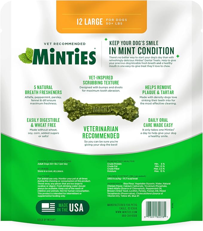 Minties Dental Chews for Dogs, 12 Count, Vet-Recommended Mint-Flavored Treats for Large Dogs Over 50 lbs, Dental Bones Clean Teeth, Fight Bad Breath, and Removes Plaque and Tartar