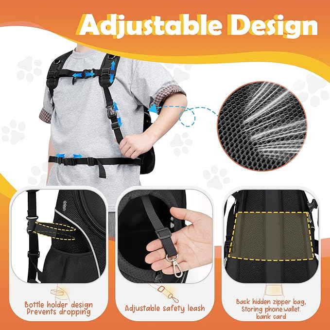 WOYYHO Pet Dog Carrier Backpack with Top and Side Windows, Small Dog Front Backpack Ventilated Mesh Dog Back Pack with Safety Belt for Travel Hiking Outdoor Adventures (Size L: 10-14 lbs, Black 2.0)