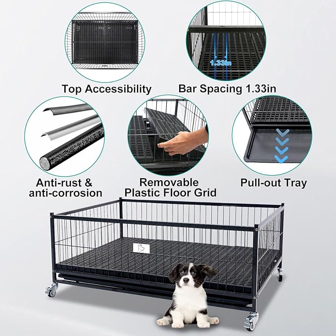 Homey Pet 42 Inch Dog Crate Cage Kennel, Stackable Dog Crates for Medium Small Dogs, Whelping Box for Puppies, Two Tiers Crates for Dogs Indoor with Removable Tray, 360° Lockable Wheels