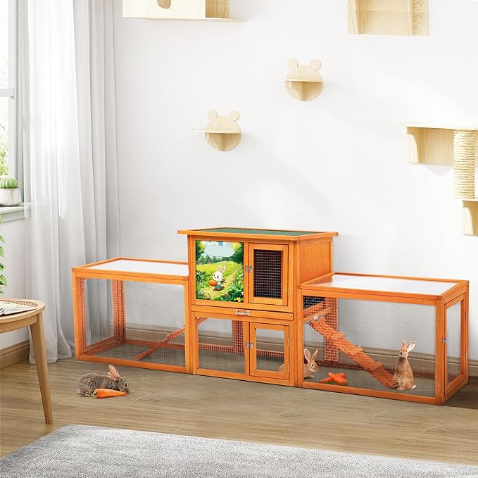 COZIWOW Large Rabbit Hutch Outdoor Indoor, 94.5" L 2-Level Bunny Cage for 2 or More Small Animals, Wooden Pet House with Removable Tray & Multiple Entrances (Fashion Orange)