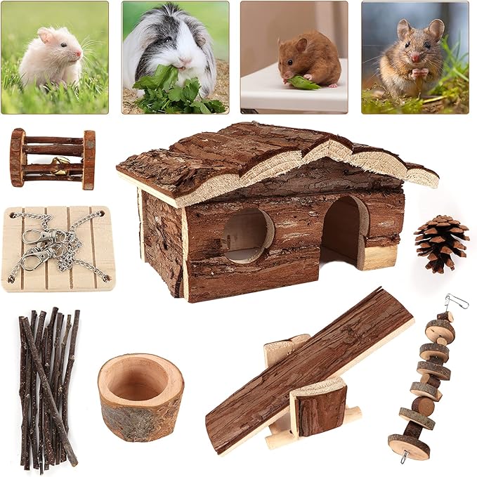 ZALALOVA Hamster-Chew-Toys Pet Activity Structure, 17 Pack Wooden Accessories with House, Food Bowl, Activity Toys for Mouse, Rats, Gerbils, Small Birds