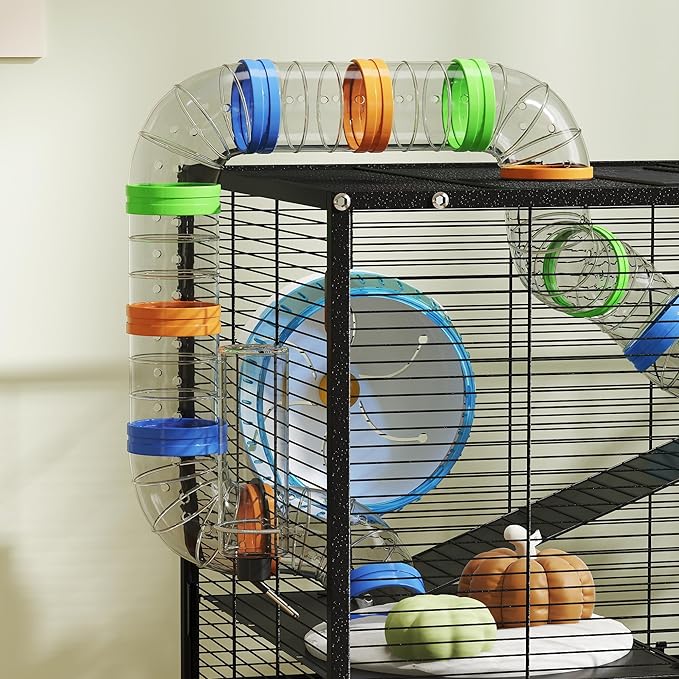 PawHut Large Hamster Cage with Deep Tray, 3 Tier Rolling Rat Cage with Storage Shelf, Big Exercise Wheel, Tube System, Hut, Platforms, Ramps, Food Dish, Water Bottle, for Syrian, Gerbil, Mouse