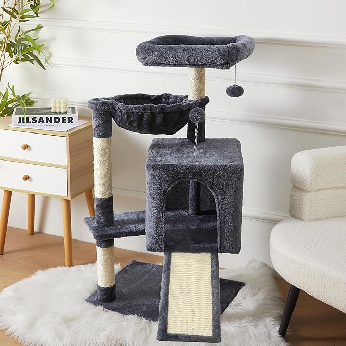 37-inch Cat Tree Tower with Multi-Level Cat Condo, Scratching Posts,2-Door Cat Cave,Grey