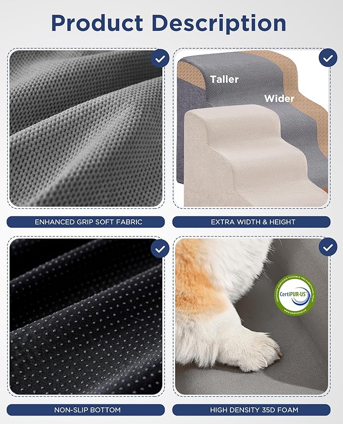 Gray Curved Dog Stairs Ramp for High Beds 22.8" H, 4-Step Dog Steps for Small Dogs and Cats, Pet Stairs for High Bed Climbing, Non-Slip Balanced Pet Step