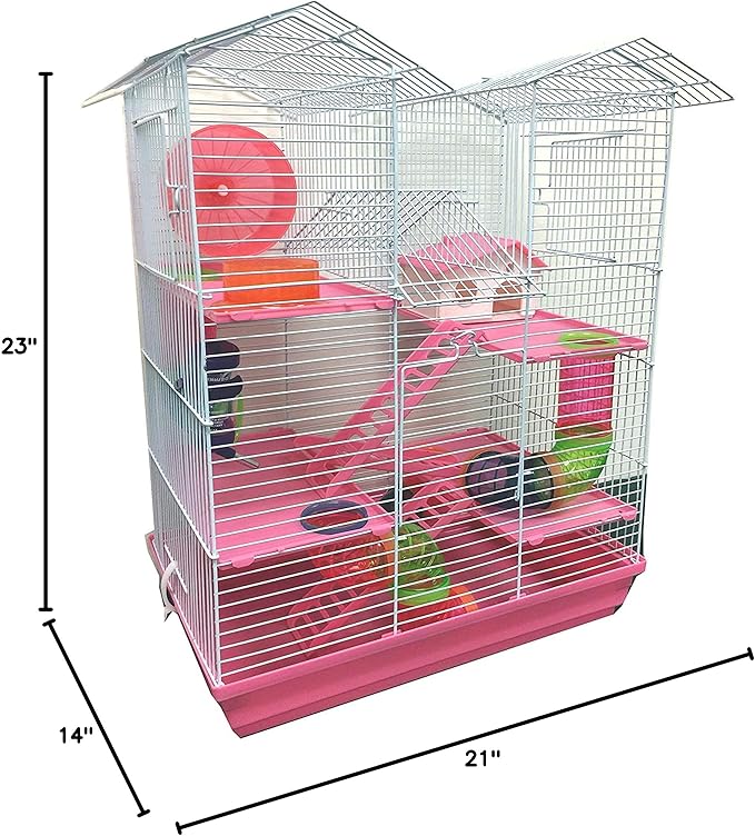 Pink Large Twin Tower 5-Levels Crossing Level Tube Habitat Syrian Hamster Home Rodent Gerbil Mouse Mice Rat Wire Animal Critters Cage with Hide House Running Wheel Food Dish Water Bottle Deep Base