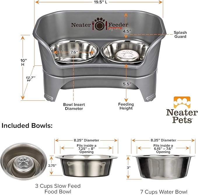Neater Feeder - Express Model w/ Slow Feed Bowl - Mess-Proof Dog Bowls (M/L, Grey) Made in USA – Elevated, No Spill, Non-Tip, Non-Slip, Raised Stainless Steel Food/Water Pet Bowls Aid Digestion