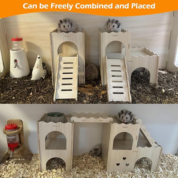 Large Hamster Hideout, Wooden Hamster Houses and Hideouts, Double-Decker Hamster Hut Castle, Dwarf Gerbils Habitat House with Climbing Ladder, Multi Chamber Syrian Hamsters Hides
