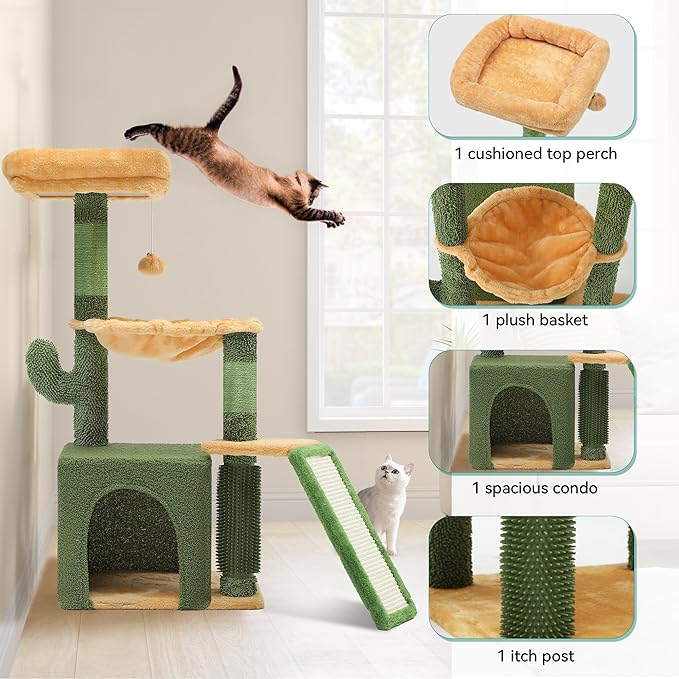 YITAHOME 37in Tall Cactus Cat Tree Tower: Cute Kitten Climbing Tower with Self-Grooming Brush, for Indoor Cats with Kitty Condo Plush Platform Hammock Sisal Scratching Posts Dangling Ball