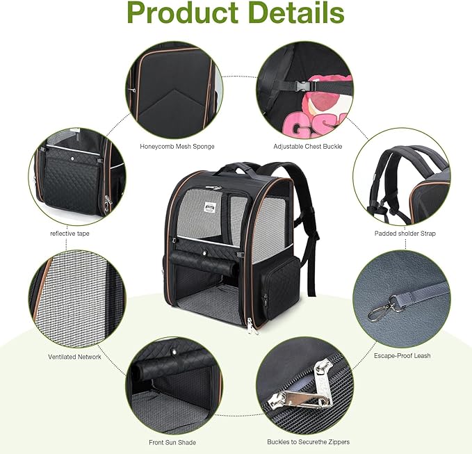 Lekebobor Large Cat Backpack Carrier Expandable Pet Carrier Backpack for Small Dogs Medium Cats Fit Up to 18 Lbs, Dog Backpack Carrier, Foldable Puppy Backpack Carrier for Travel,Quilted Black