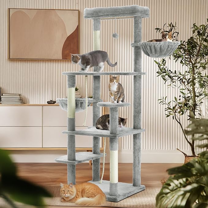 59 Inch Cat Tree Tower, Multi-Level Large Cat Tree for Indoor with Super Large Bed, Hammocks, Scratching Posts, Dangling Ball, Cat Furniture, Activity Center