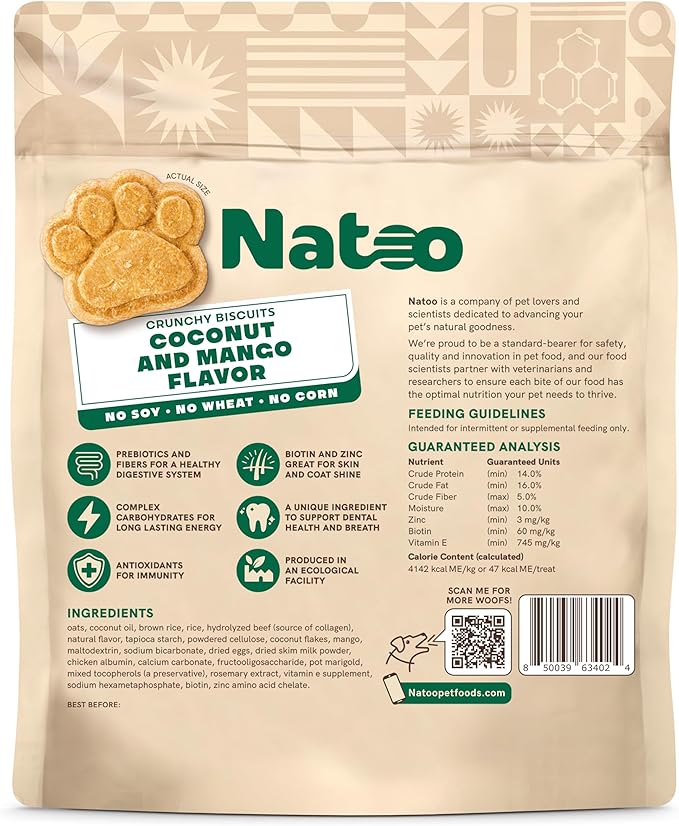 NATOO Healthy Treats for Large Dogs, Crunchy Biscuits Coconut & Mango Flavor – Natural Dog Treats, Rich in Omega 6, Prebiotics & Fibers, Antioxidants for Immunity (8 oz)