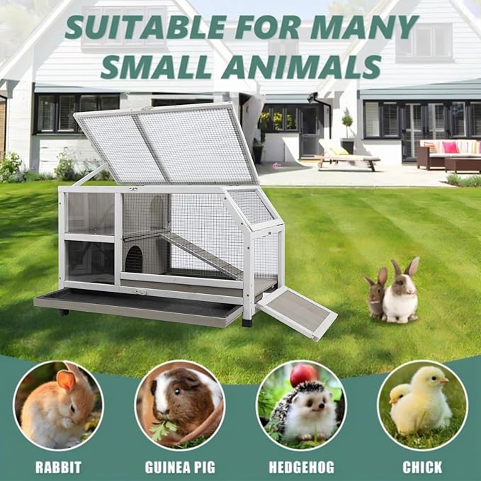 Indoor Rabbit Hutch - 36''L Outdoor Wooden Bunny Hutch with Wheels Rabbit Cage Guinea Pig Cages Removable Pull Out Tray, Ramp, Hideout, Small Animals Pet House Hamster Ferret for Bunny Cage
