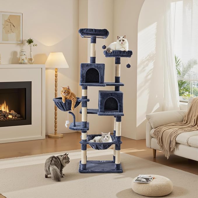 Sweetcrispy 71 inch Cat Tree Tower, Large Multi Level Cat Climbing Tower with Condo, Natural Sisal Scratching Posts, Platform, Hammock, Basket, Tall Pet Tree House for Indoor Cats Play, Dark Blue