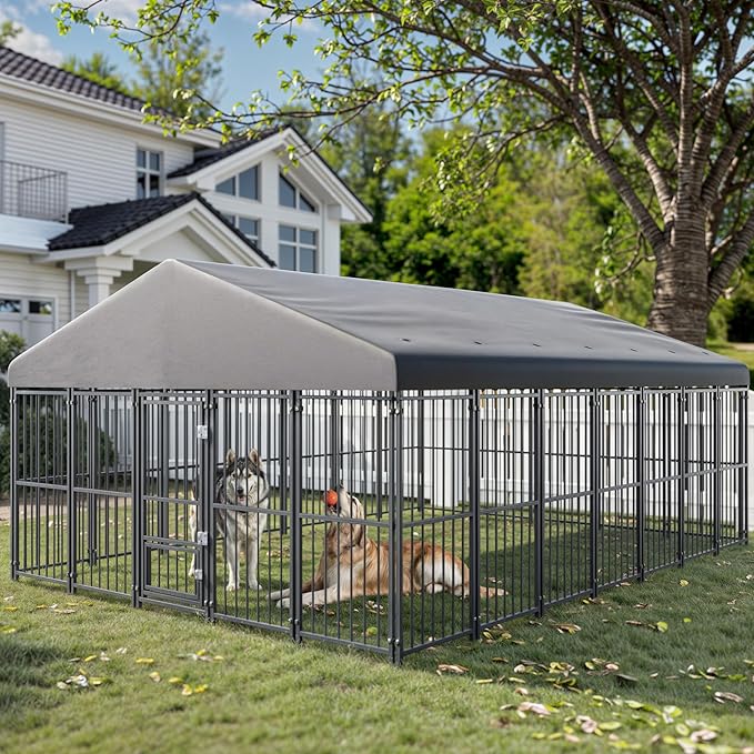10X14FT Large Dog Kennel Outside with Feeding Door, Heavy Duty Dog Cage with Roof and Double Safety Locks, Outdoor Dog Enclosure for Pets
