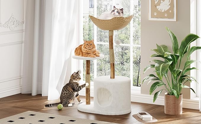 41''Contemporary Natural Wood Cat Tower, Aesthetic Feline Climbing Structure with Spacious Rattan Basket, Scratching Posts, Real Branch Design, White Luxury Perch for Rest and Play