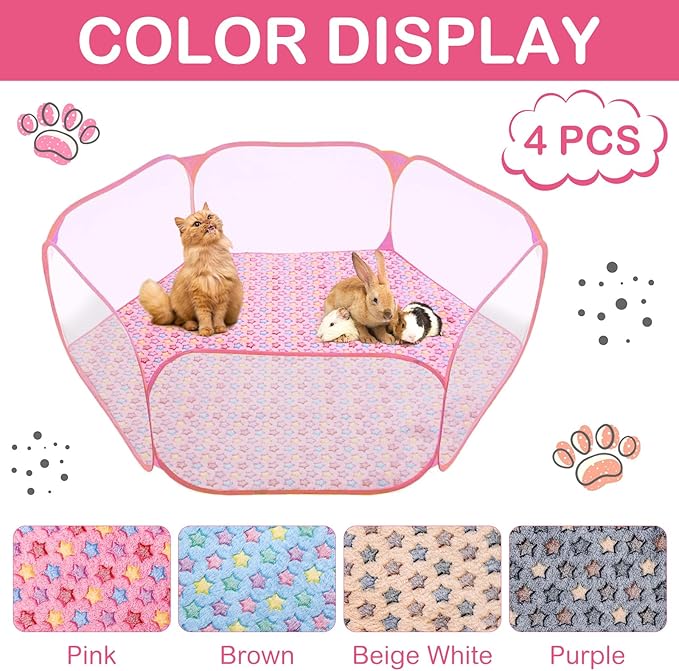 Preboun 4 Pcs 47 in Guinea Pig Playpen Pad Waterproof Hexagon Mat Reusable Dog Playpen Liner for Small Animal Rabbit Cage Tent Pee Pad Washable Yard Fence(Vivid Star)