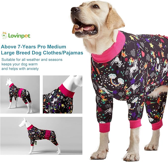 LovinPet Large Breed Dog Pajamas, Wound Care/Post Surgery Recovery Shirt for Large Dogs, Unicorn and Rainbow Black Print, Stop Shedding for Dogs, Pitbull Clothes, Bodysuit Dog Jammies, 3XL