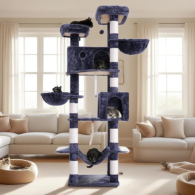 80.7''(205cm) Cat Tree for Indoor Cats, Large Cat Tower for Multi Adult Cats, Cat Tree House with Big Hammock, 2 Top Perches/Cat Condos/Baskets, 8 Scratching Posts, Smoky Gray GCT034G