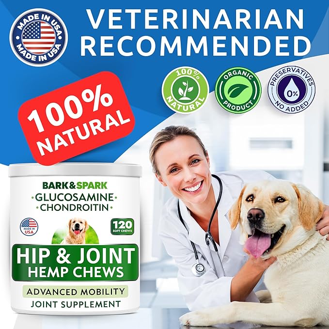 Hip & Joint Support for Dogs - Hemp Chews for Dog Joint Pain Relief with Glucosamine & Chondroitin - Joint Supplement for Large & Small Breeds - Senior Dog Mobility Treats - 120ct, Lamb Flavor