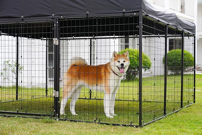 118" x 118" Outdoor Dog Kennel Steel Ideal Dog Fence for Medium/Small Dogs Anti-Rust Coating Cage with Roof All Weather Resistant Dog House with Double Locks