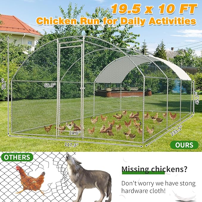 Outvita Large Metal Chicken Coop, 19.5×10FT Walk-in Poultry Cage with Waterproof & Anti-UV Round Arch Cover, Duck Rabbit Hen Cage Galvanized Mesh for Outdoor Yard Backyard and Farm