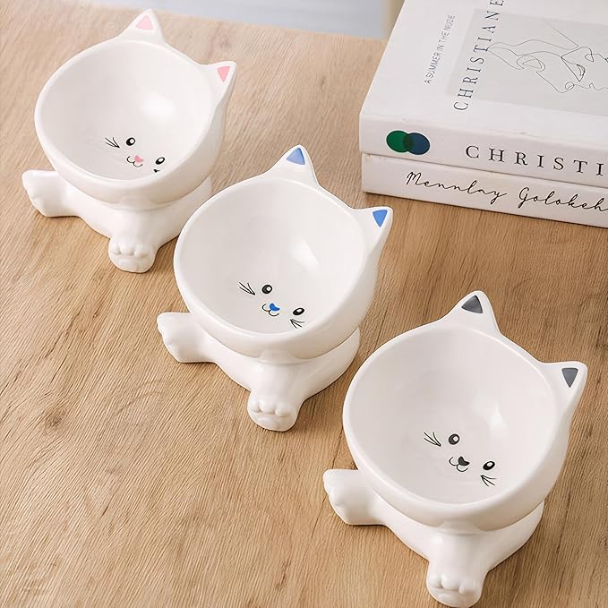 Raised Cat Bowl with 3D Cute Kitten Ears for Holding Food and Water, Elevated Ceramic Pet Dishes Protect Pet's Spine
