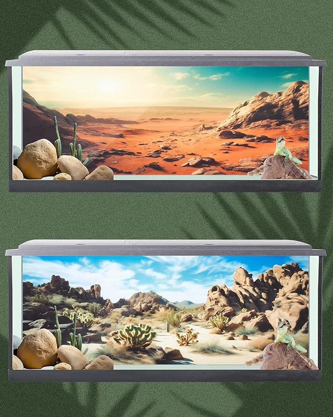 Breling 4 Pcs 71 x 18 Inch Reptile Habitat Background with Nano Glue Gobi Sun Cactus Stone and Green Tree Fern Stream Terrarium Background Polyester Durable Aquarium Accessories