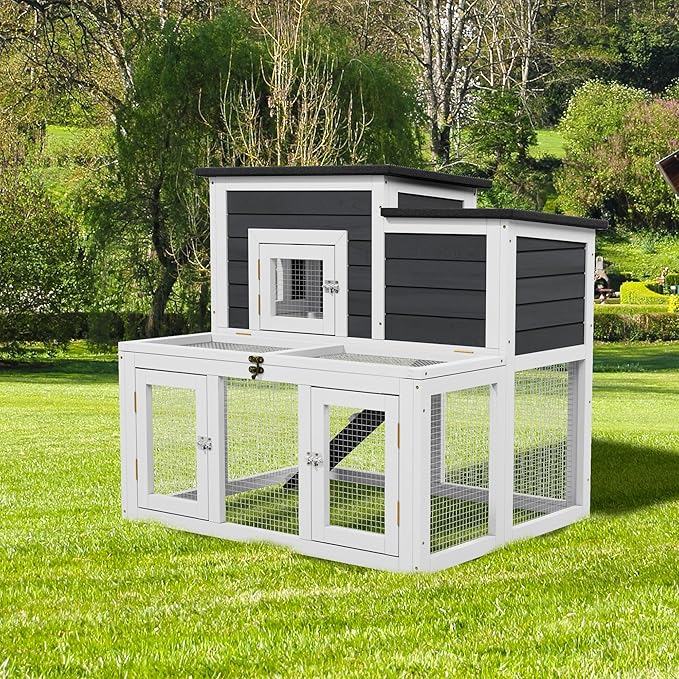 37.8" L Rabbit Hutch Outdoor,UV-Proof Home for Chickens, Ducks,Bunnies & Guinea Pigs,2-Story Pet House Indoor Bunny Hideout with Ventilation Door,Weatherproof Asphalt Roof for Garden Backyard (Grey)