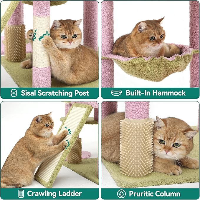 YITAHOME 61" Flower Cat Tree, Cat Tree Cute with Large Metal Frame Hammock, Silicone Tickling Column, Cat Scratched Board, 3 Sisal Scratching Posts, Aesthetic Cat Tower with Condo and Perches