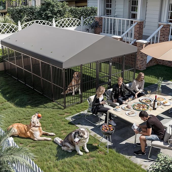 Large Dog Kennel Outside 10X14FT Heavy Duty Dog Cage with Feeding Door, Outdoor Dog Run with Roof and Double Safety Locks for Pets Enclosures