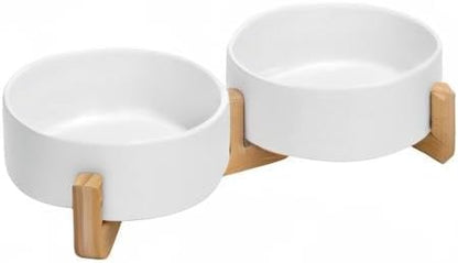SPUNKYJUNKY Ceramic Dog and Cat Bowl with Wood Stand Non-Slip Matte Glaze Weighted Food Water Set for Cats &Small Dogs 13.5 OZ