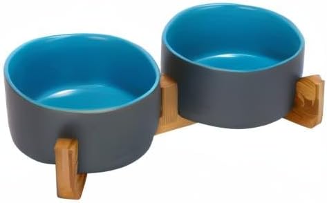 SPUNKYJUNKY Ceramic Dog and Cat Bowl Set with Wooden Stand, Modern Cute Weighted Food Water Set for Small Size Dogs (13.5OZ) & Medium Sized Dogs (28.7OZ) & Cats (3.6 Cups, 2 × Blue-Grey)