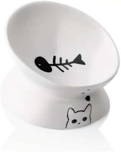 Sweejar Ceramic Raised Cat Bowls, Slanted Cat Dish Food or Water Bowls, Elevated Porcelain Pet Feeder Bowl Protect Cat's Spine, Stress Free, Backflow Prevention (White)