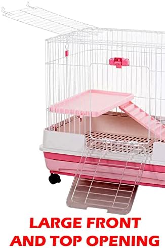 Pink XLarge 2-Level Indoor/Outdoor Small Animal Rabbit Habitat Cage Guinea Pig Hedgehog Ferret Chinchilla with Solid Platform & Ramp Large Access Doors