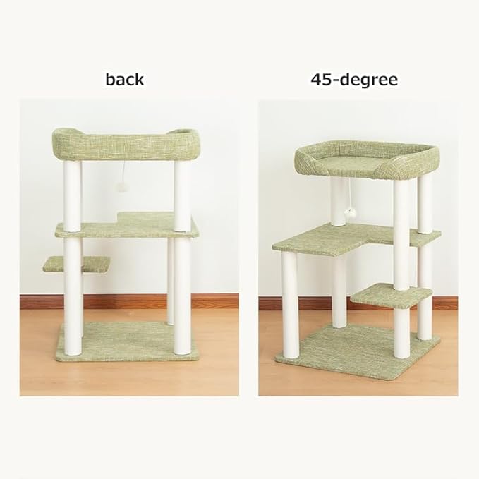 Cat Tree for Indoor Cats Large Adult, Modern Cat Tree Tower with Sisal-Covered Scratching Posts, Cozy Perches, Hammocks, and Interactive Toys for Kittens, (Linen Fabric Green 37.4-Inch)