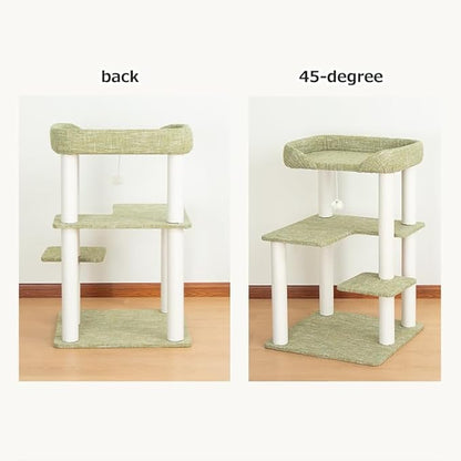 Cat Tree for Indoor Cats Large Adult, Modern Cat Tree Tower with Sisal-Covered Scratching Posts, Cozy Perches, Hammocks, and Interactive Toys for Kittens, (Linen Fabric Green 37.4-Inch)