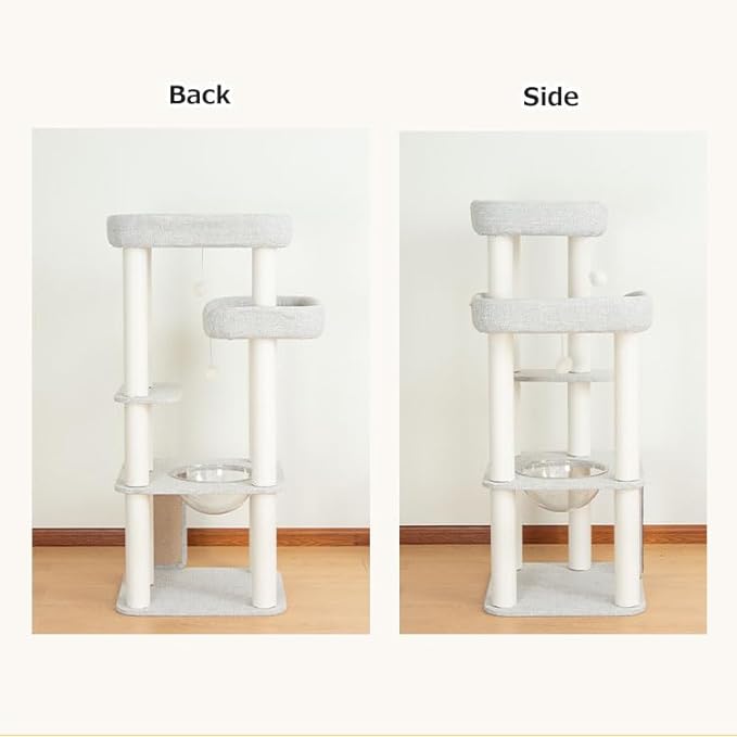 Wooden Cat Tree Tower for Indoor Cats 53'', Modern Natural Wood Cat Furniture with Cozy Beds, Scratching Post and Clear Hammock for Kittens and Adult Cats (Gray)