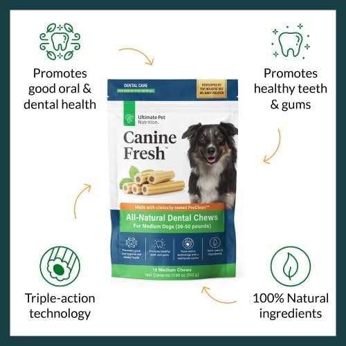 ULTIMATE PET NUTRITION Canine Fresh Dental Chews, Dental Dog Treats, Oral Care and Hygiene Sticks, Soothes Gums, Vet Developed, 15 Chews (Medium)