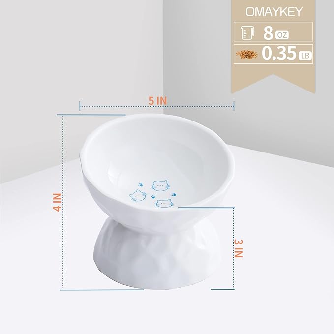 OMAYKEY Ceramic Raised Cat Bowls, Tilted Elevated Cat Food and Water Bowl Set, Porcelain Stress Free Pet Feeder Dish for Cats and Small Dogs, Dishwasher and Microwave Safe, White & White, Set of 2
