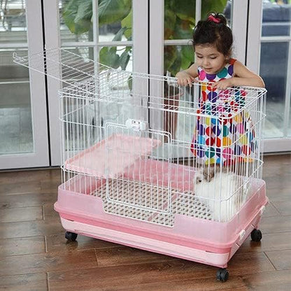 Pink XLarge 2-Level Indoor/Outdoor Small Animal Rabbit Habitat Cage Guinea Pig Hedgehog Ferret Chinchilla with Solid Platform & Ramp Large Access Doors