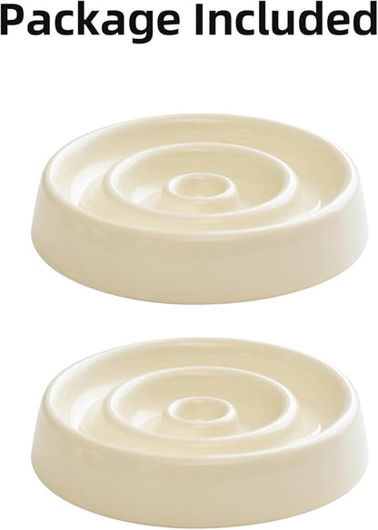Ceramic Slow Feeder for Cats, Slow Food Bowl, Circle Shape (Bowl x 2 - Cream, 6inch)