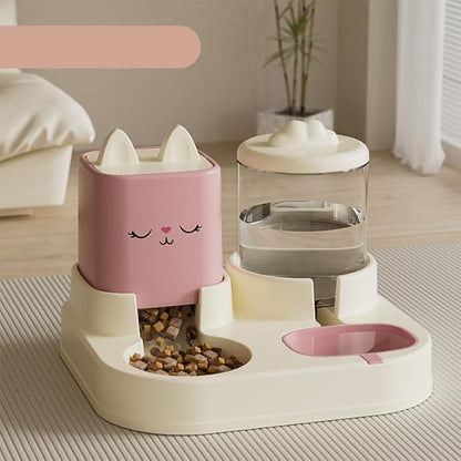 Automatic Pet Feeder and Water Dispenser Set, Cat Design Food Bowl with Storage Container, Pink and White