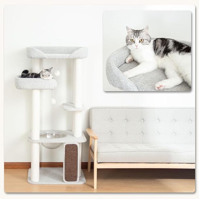 Wooden Cat Tree Tower for Indoor Cats 53'', Modern Natural Wood Cat Furniture with Cozy Beds, Scratching Post and Clear Hammock for Kittens and Adult Cats (Gray)