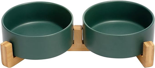 SPUNKYJUNKY Ceramic Dog and Cat Bowl with Wood Stand Non-Slip Matte Glaze Weighted Food Water Set for Cats &Small Dogs 13.5 OZ Green